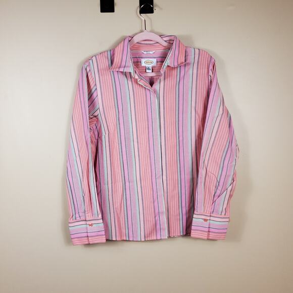 Vintage Talbots Pink Striped Long Sleeve Stretch Button-Up Shirt Size 12 - Picture 1 of 10